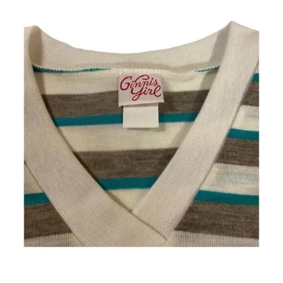 NWT Ginnis Girl Adorable Vintage Knit Top Sz L Off White Teal Beige Striped - Picture 3 of 5